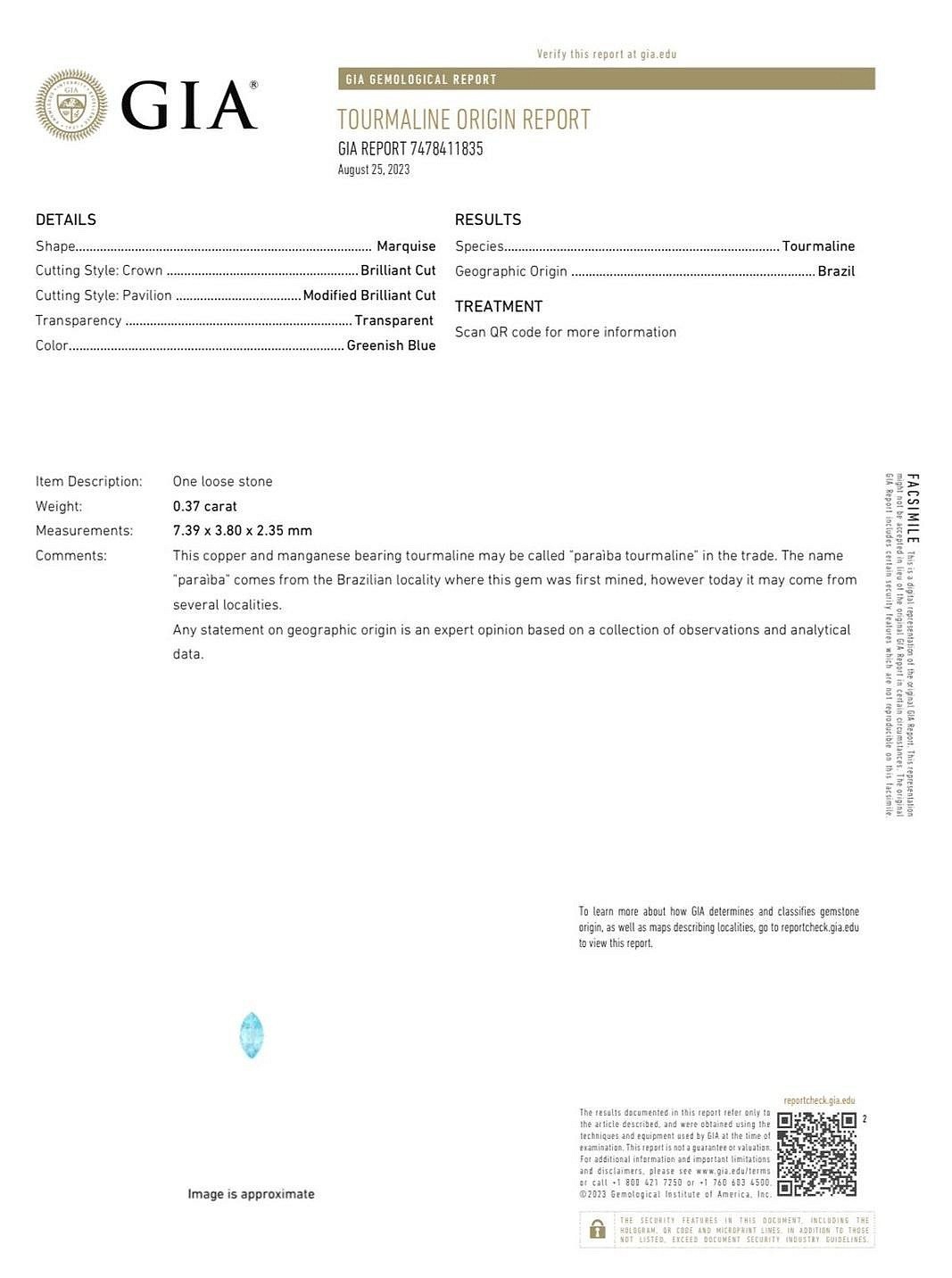 [jerseychou] Brazil ！Natural Paraiba Tourmaline, 0.37ct, GIA