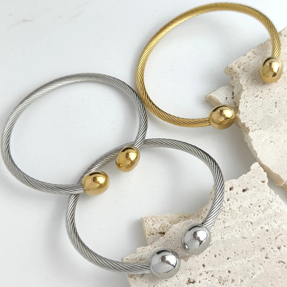 Double ball gold-plated stainless steel bracelet, twisted steel wire C-shaped