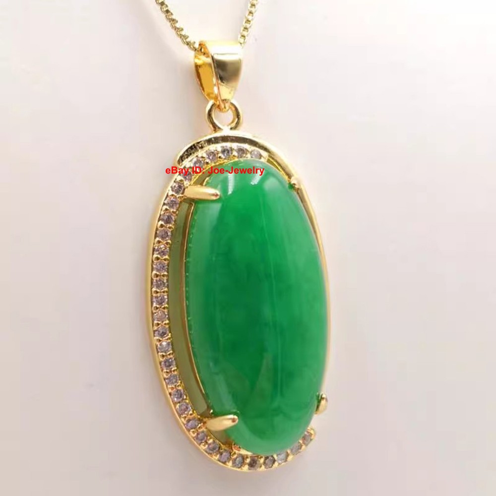 New Yellow Plated Alloy Heated Oval Green Jade Pendant 45mm H Bright