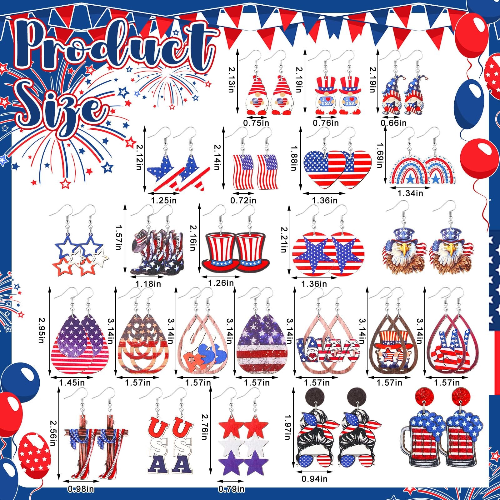 24 Pairs Acrylic Independence Day Earrings Bulk 250th Anniversary 4th of July…