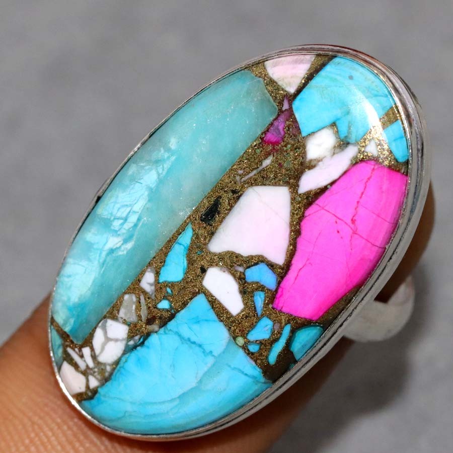 Cotton Candy Turquoise 925 Silver Plated Ring US 9 Statement Jewelry Trendy GW