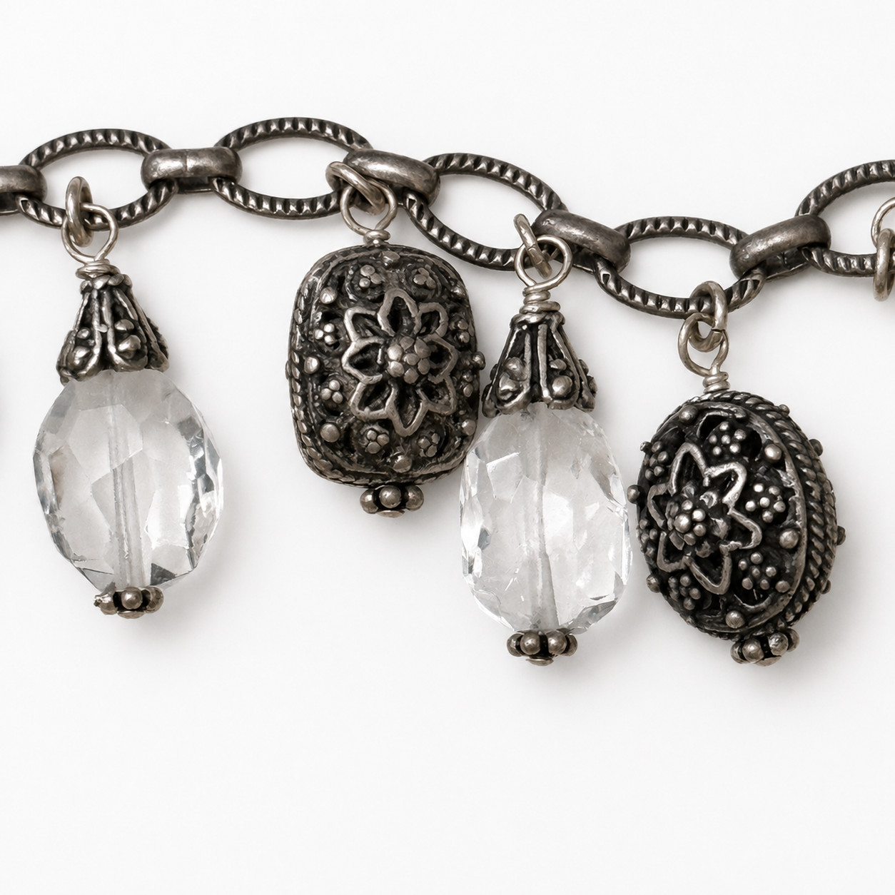 Lily Pearl Filigree Drop Necklace Sterling Silver Crystal Teardrop Necklace