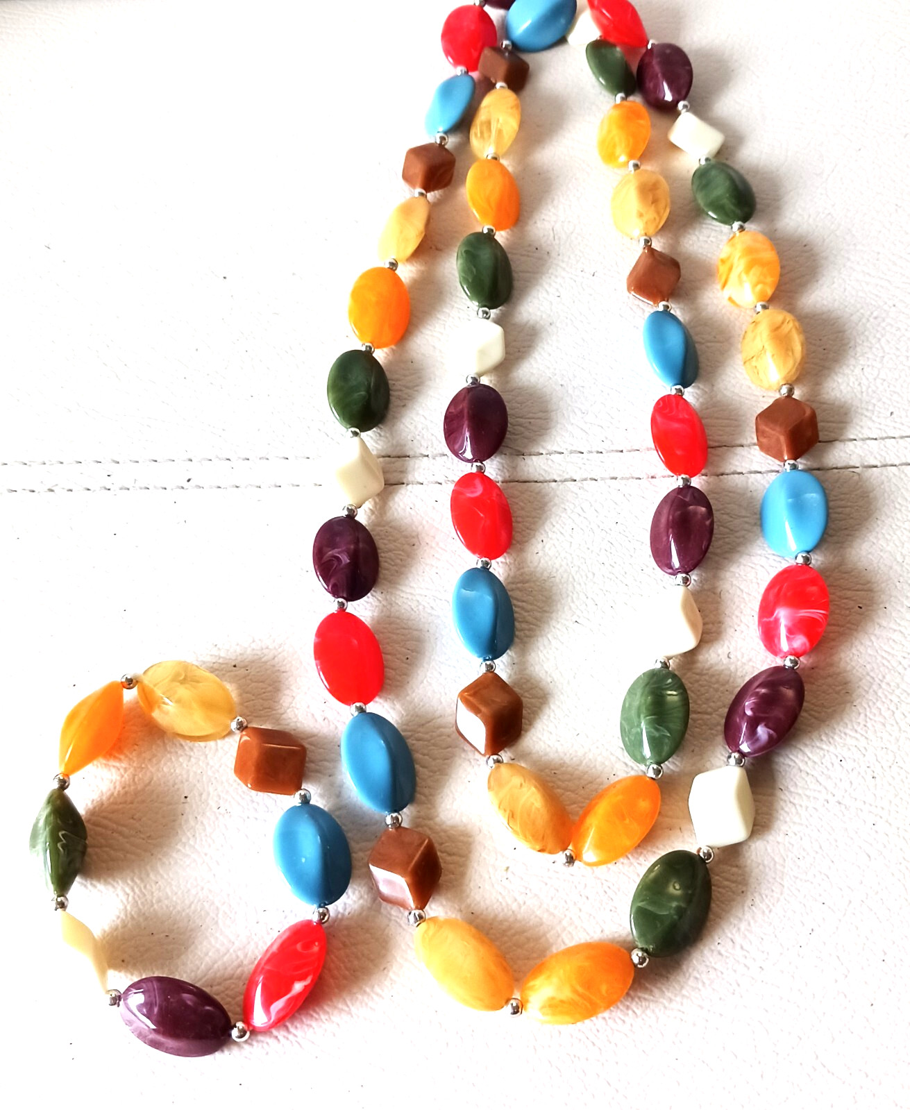Bohemian Bead Necklace and Bracelet Set Multicolored Plastic Resin 40 inches