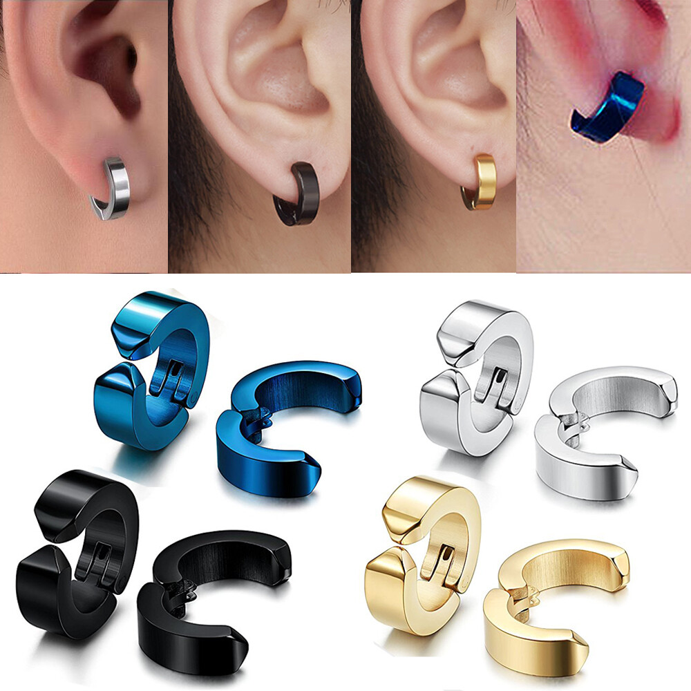 1Pair Mens Stainless Steel Ear Stud Hoop Non-Piercing Clip-on Earrings Punk US