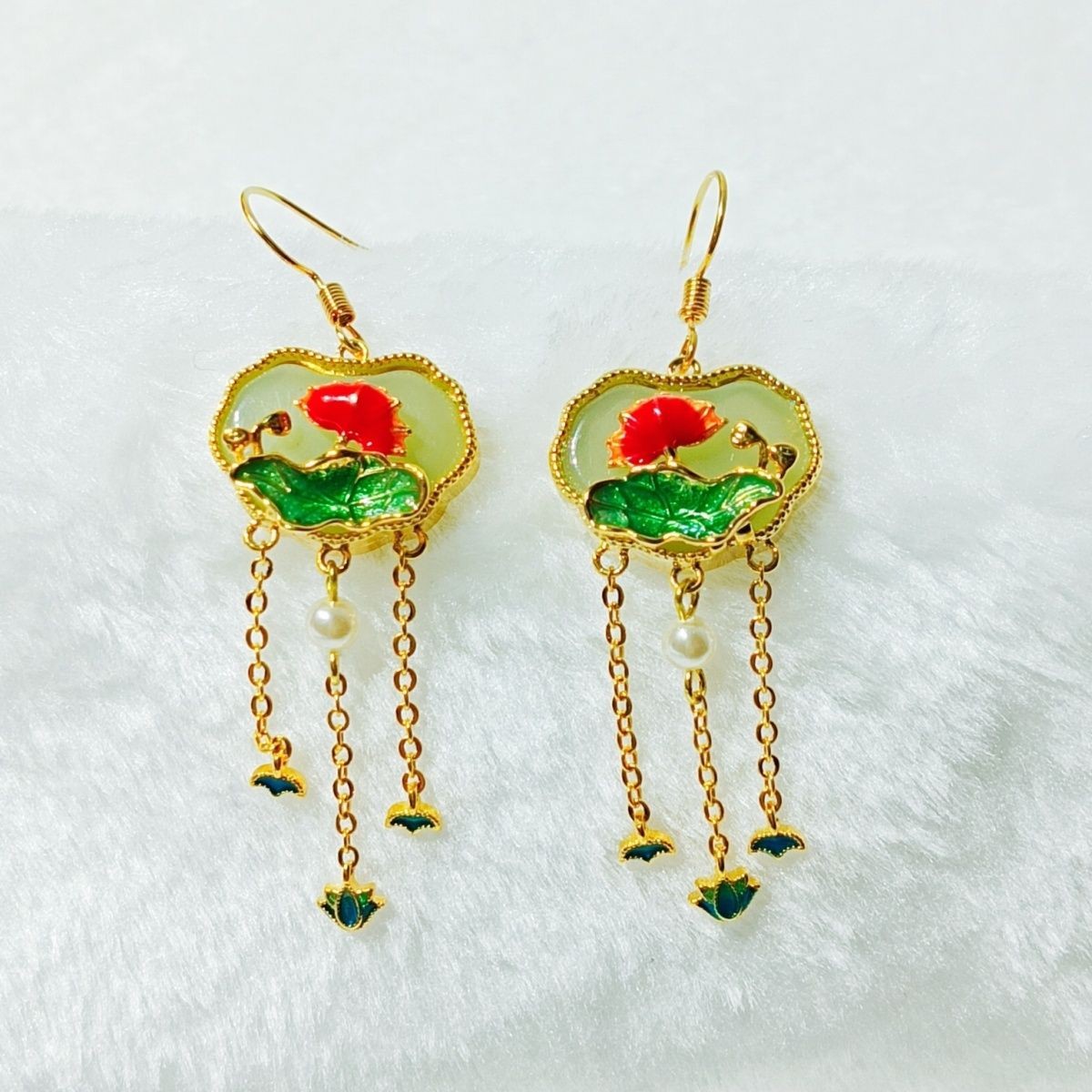 New Chinese Style Enamel Tassel Earrings with Agate Vintage Chinese Ear Jewelry