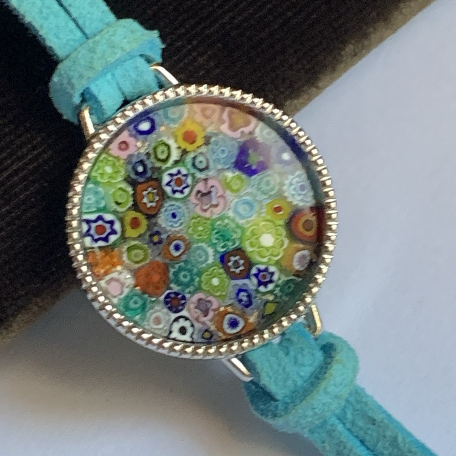 Murano Glass Millefiori Round Made in Italy 7-8 Inch on blue leather cord
