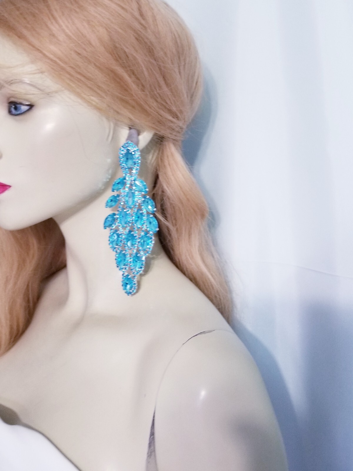 PIERCED Drop Dangle Chandelier Earrings 5.4 inch Aqua Rhinestone Pageant Prom