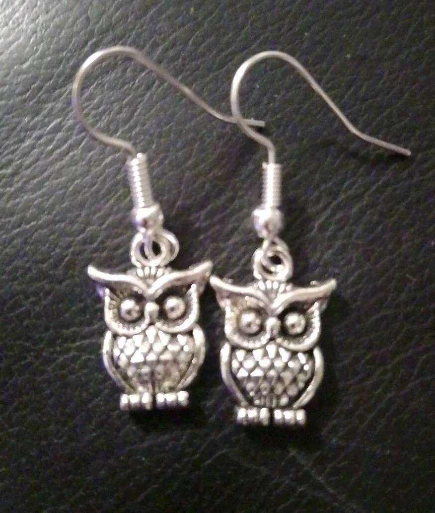 silvery Mini Owl Earrings Handmade Cute Small Gift Present wildlife nature boho