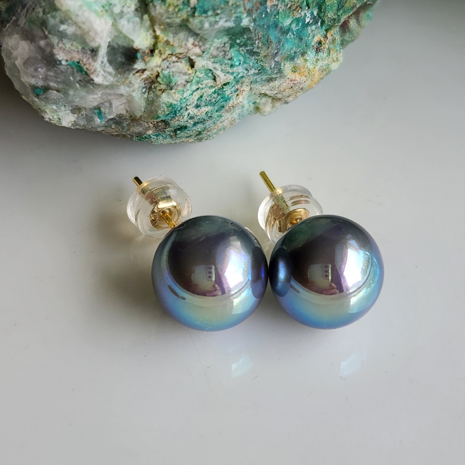 Sea Shell Akoya Gray Color 10mm Pearl Stud Earrings 925 Silver 14k Gold-Plated