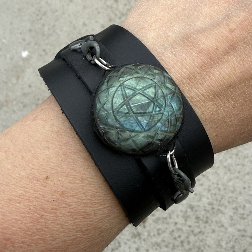 Black vegan Leather Wide Cuff Bracelet w/ Buckle Closure, Adjustable labradorite