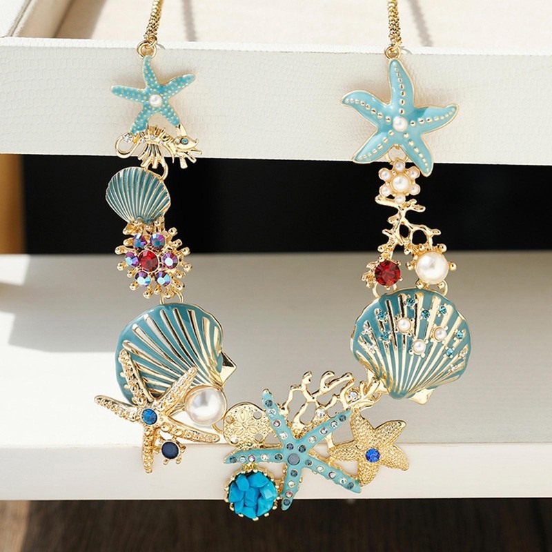 Starfish Seashell Necklace Pearls Beach Nautical Statement Jewelry Pendant Chain