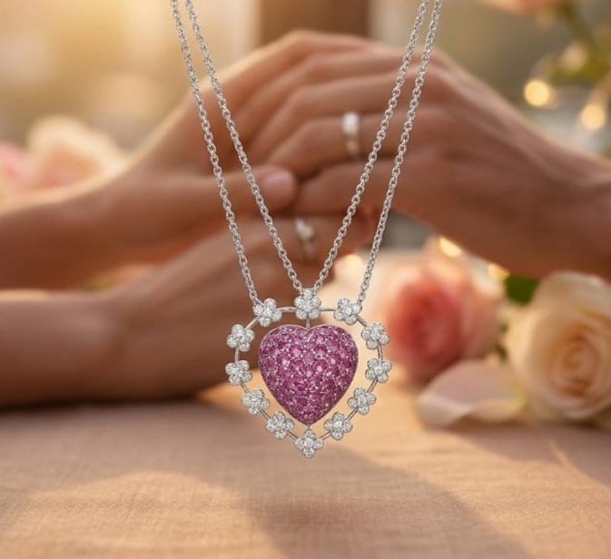 2ct Heart Cut Simulated Pink Ruby/Diamond Halo Heart Pendant14k Rose Gold Plated