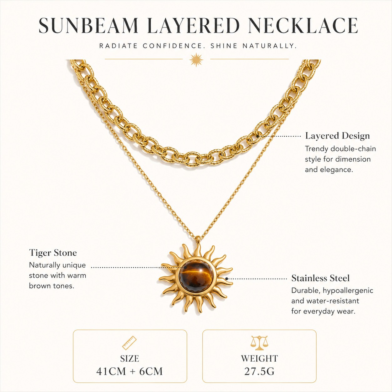 Gold Stainless Steel Tiger Stone Sun Necklace Layered Chain Pendant Jewelry Gift