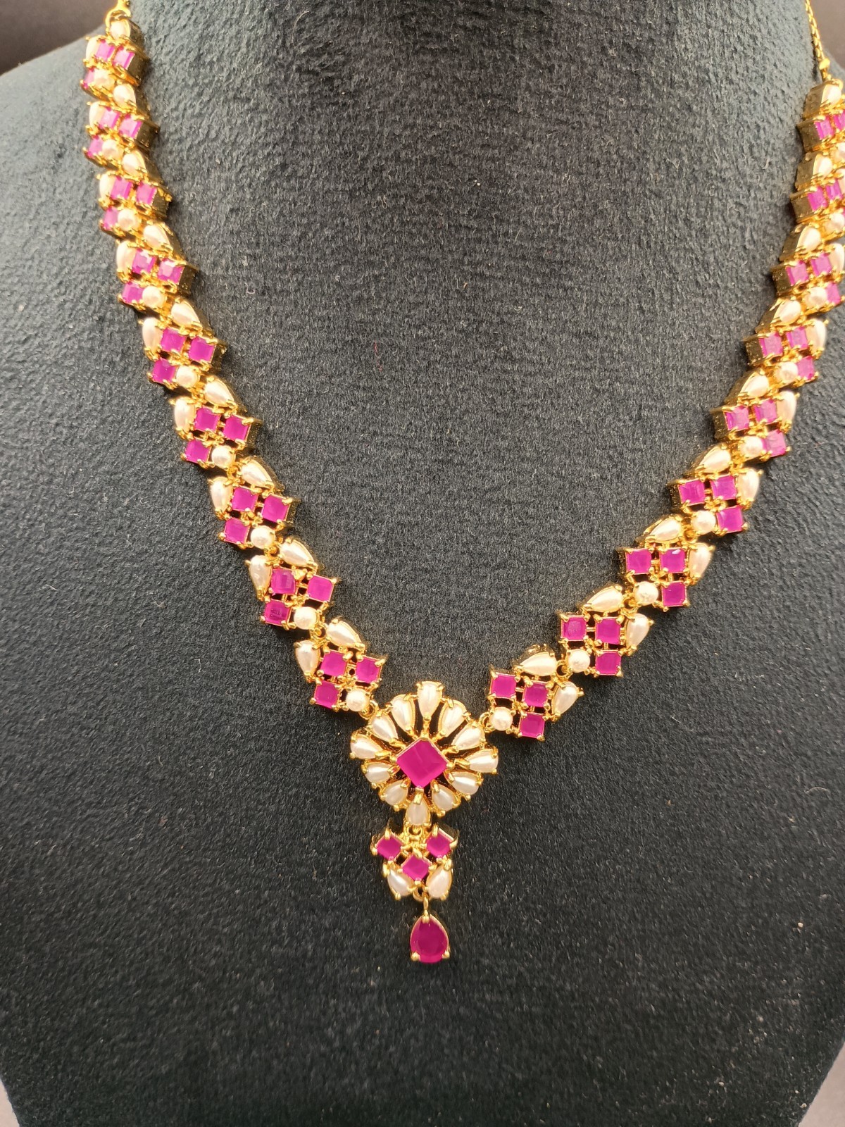 Ruby Pearl Jewelry Set 22K Gold Plated Necklace Earrings Set Wedding Partywear G