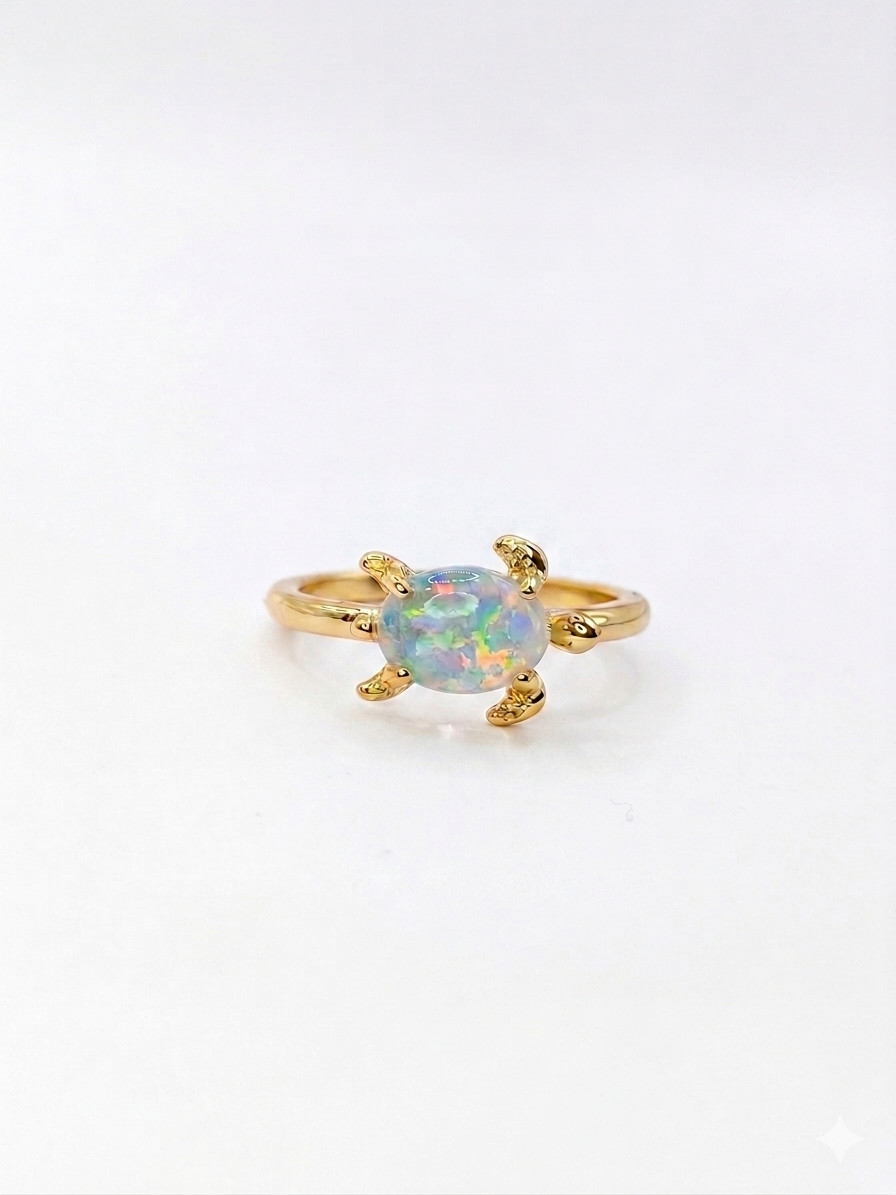 Sol & Sea synthetic Opal 9Ct gold plated Turtle ring whishmical summer with box