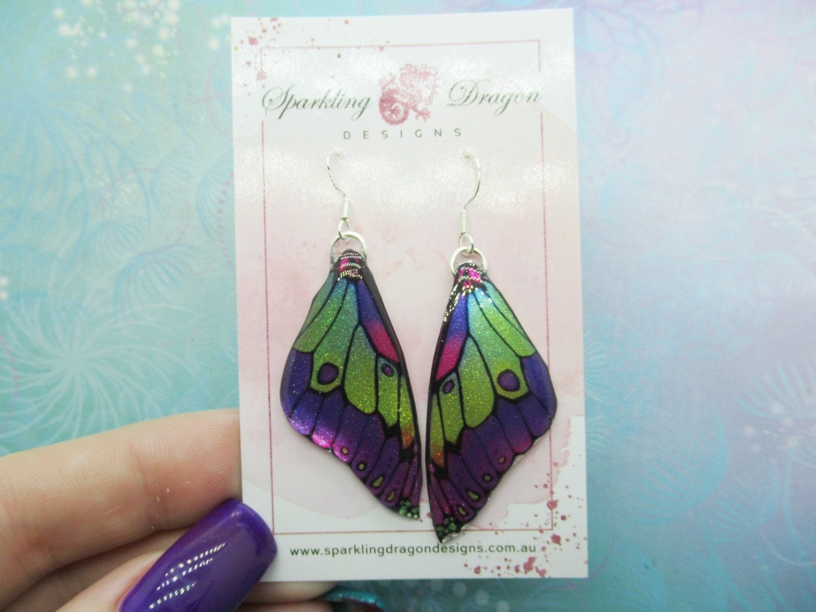 Butterfly Earrings Stained Purple and Lime Green Fairy Jewellery, Gift for her