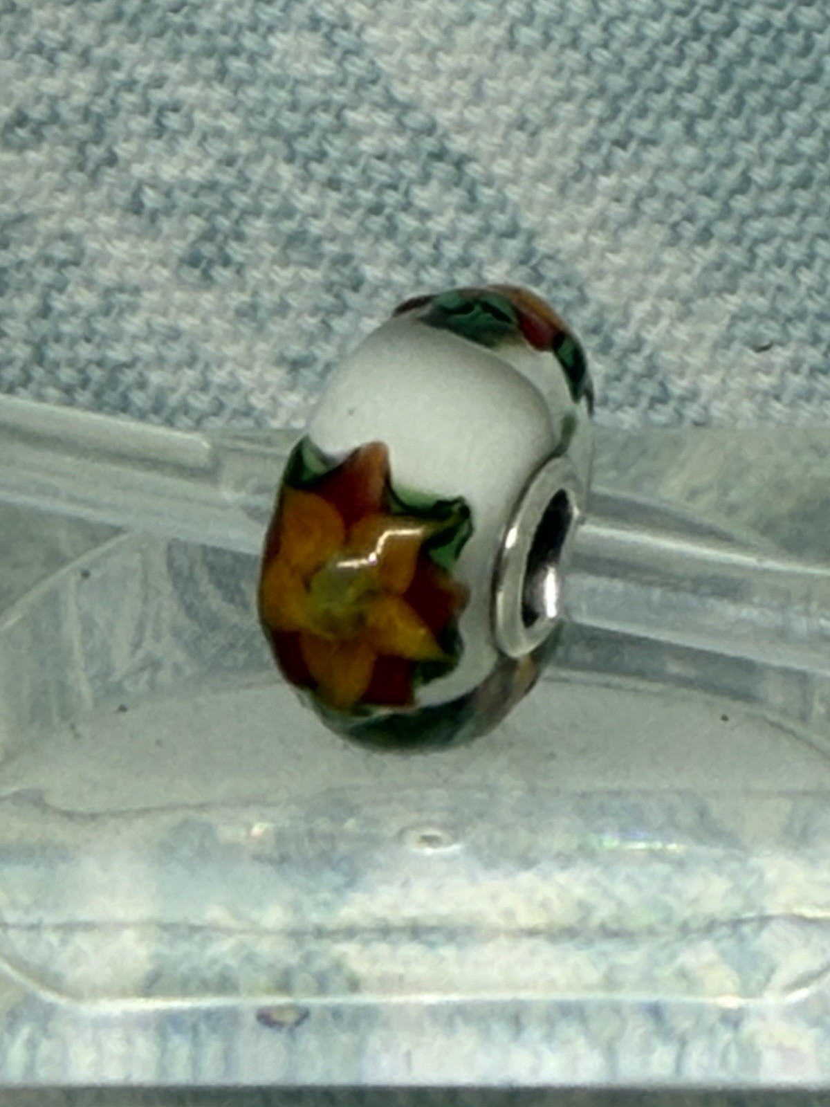 Authentic Trollbeads OOAK Yellow Star Flowers & Green on White CC, New (117)