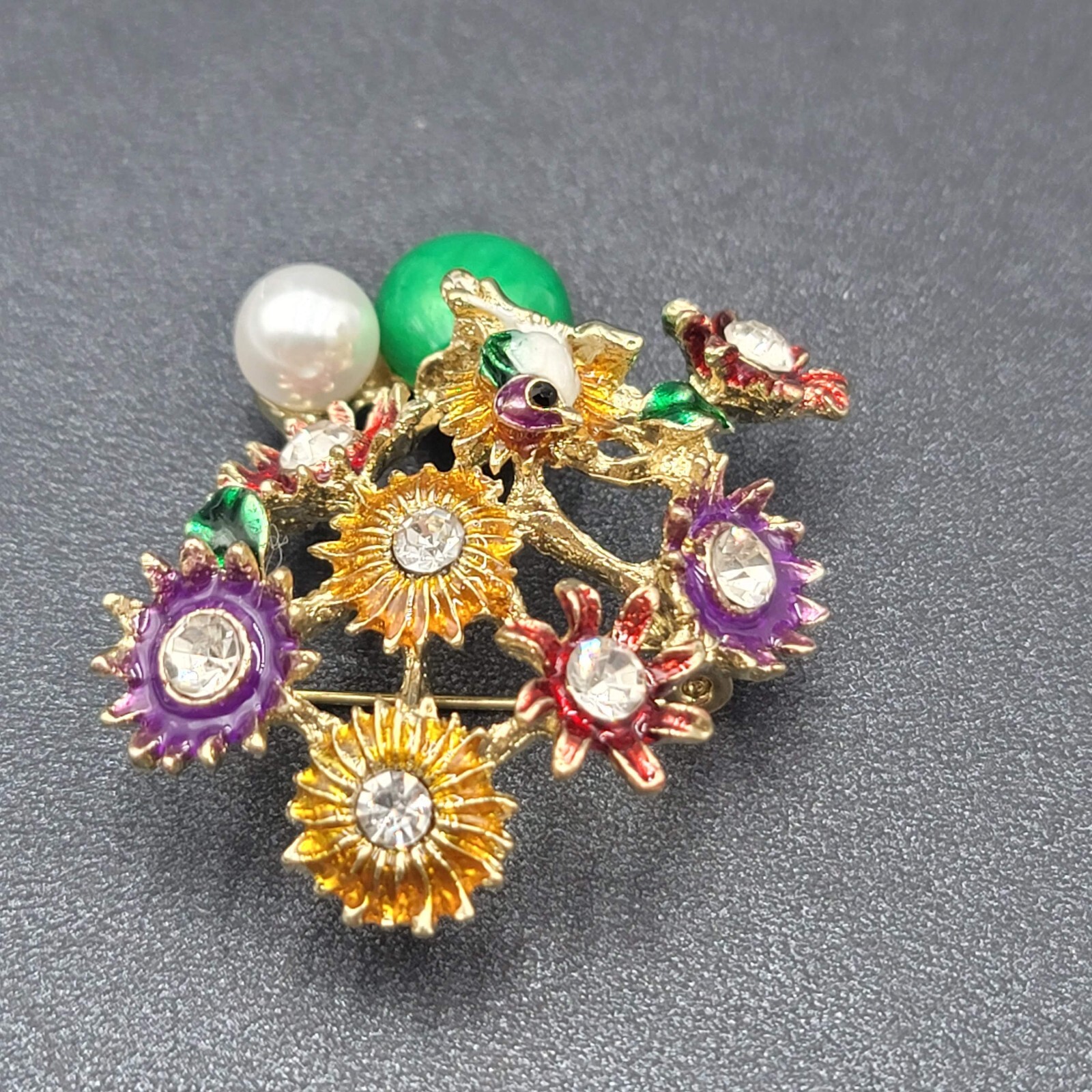 Crystal Rhinestone Flower Bouquet Brooch Pendant Green Enamel Multicolor 2.25″