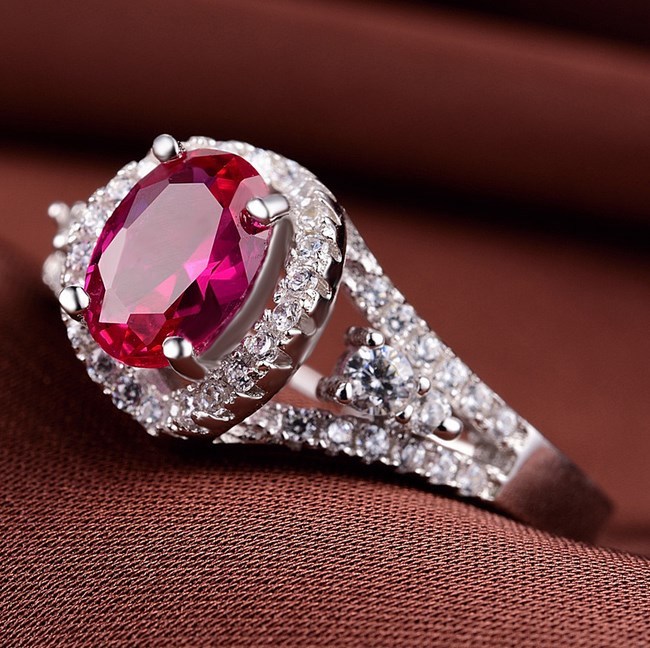 Rhodium Finish Sterling Silver Oval Lab-created Ruby CZ Adjustable Bang Ring K40