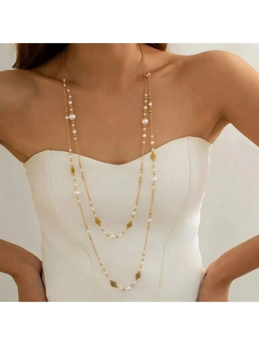 2pcs Layered Long Necklace Women Party Wedding Chain Jewelry Set