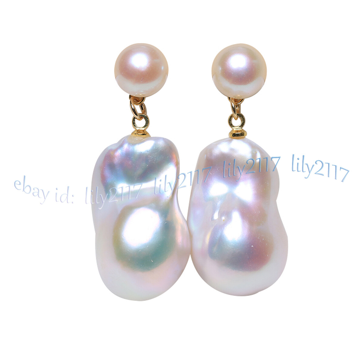 15-25MM REAL NATURAL WHITE FRESHWATER BAROQUE PEARL DANGLE GOLD STUD EARRINGS