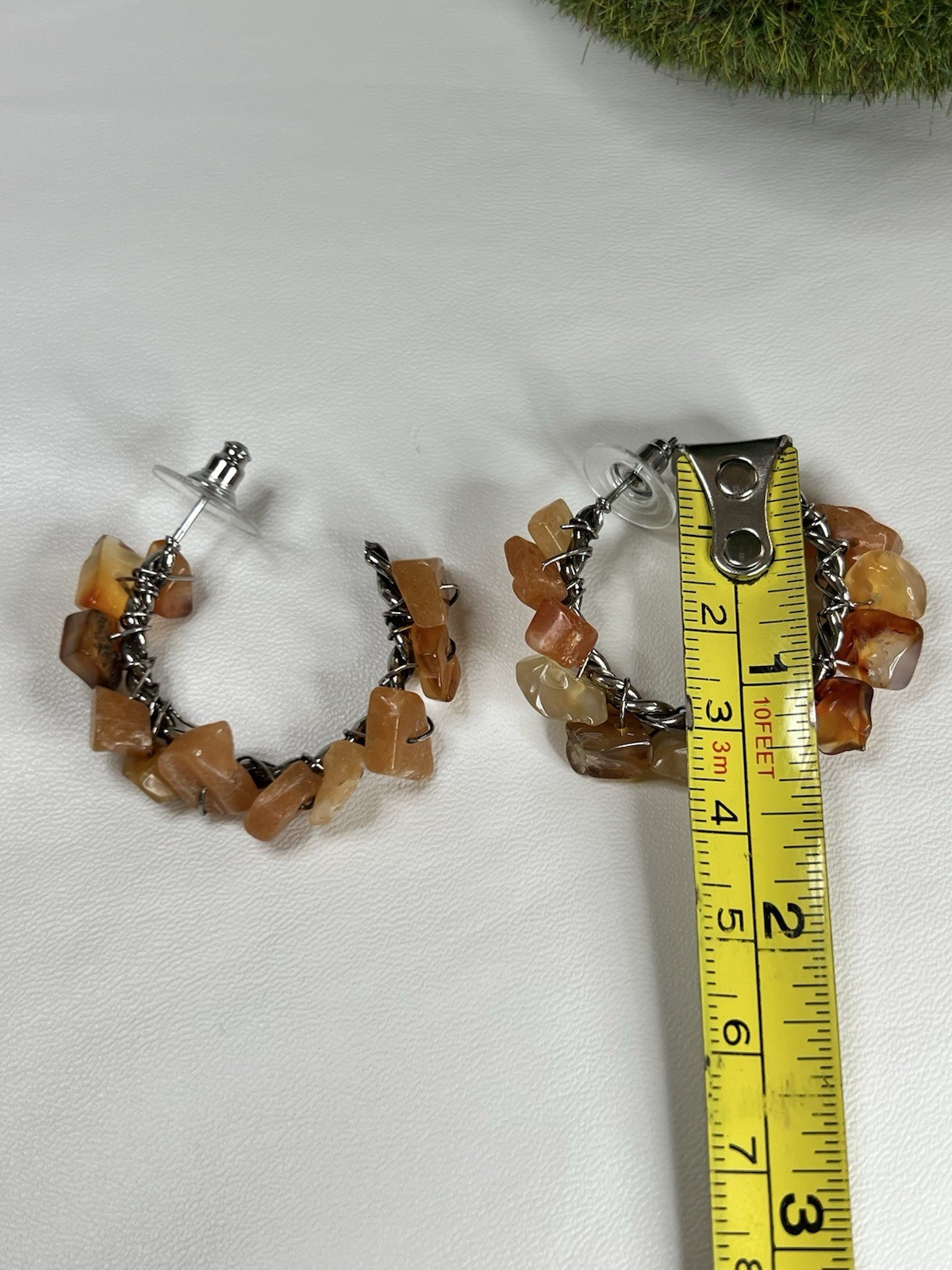 Handmade Carnelian chips wire wrapped silver tone boho open hoop earrings