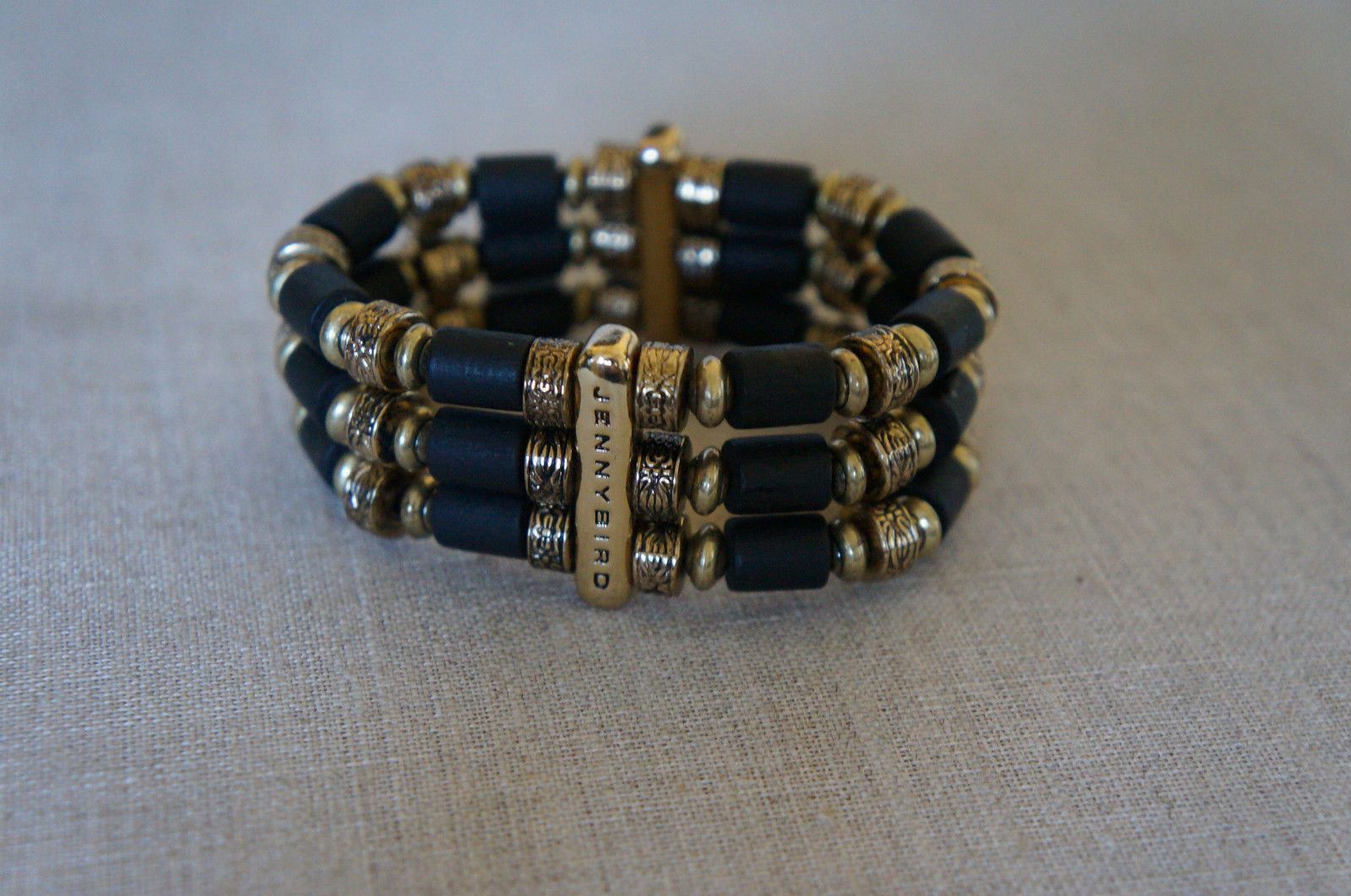 NEW Jenny Bird Tibetove Cuff Bracelet Gold & Hand Carved Wooden Beads Black