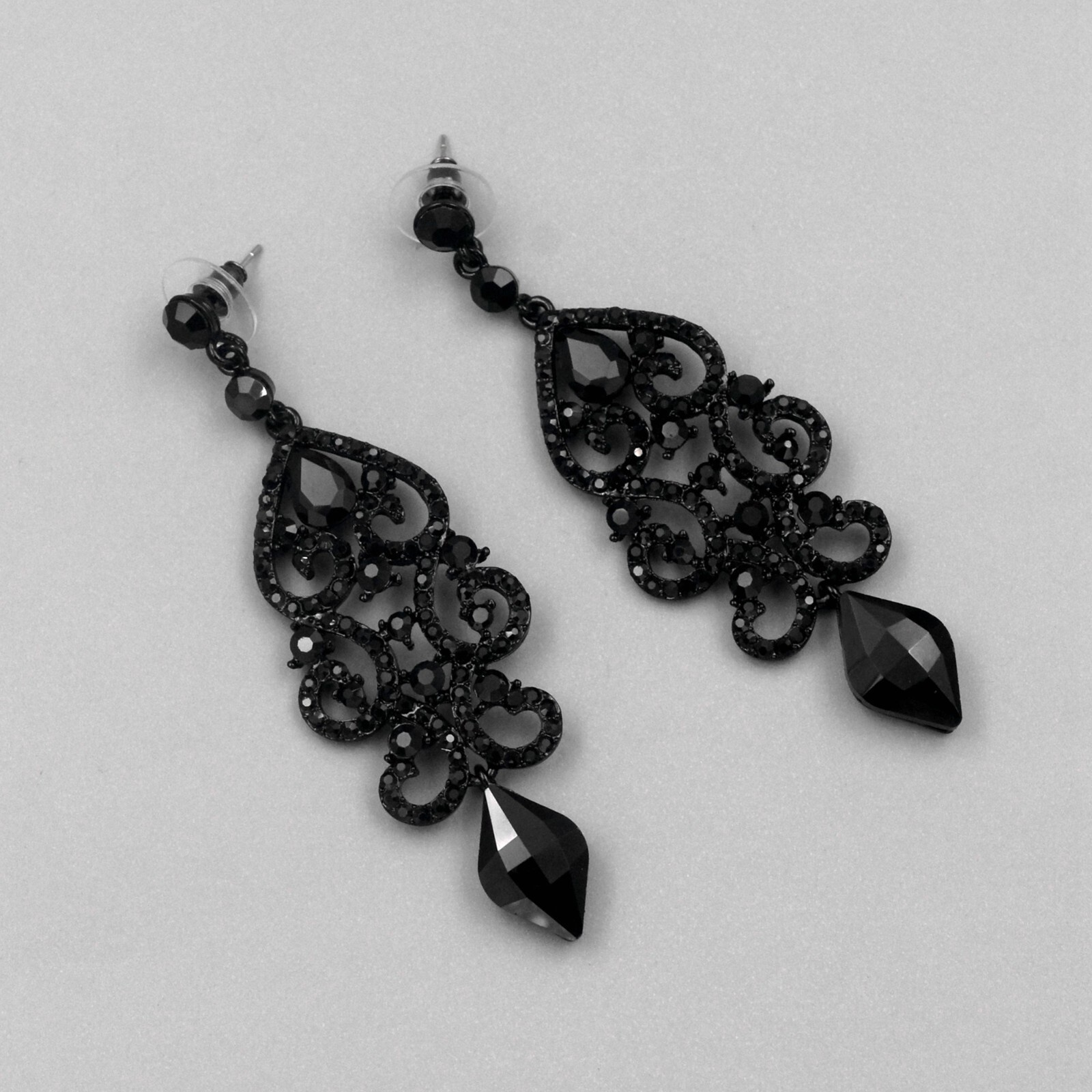 Chandelier Drop Dangle Earrings Black Jet Crystal Rhinestone Wedding Prom 07971