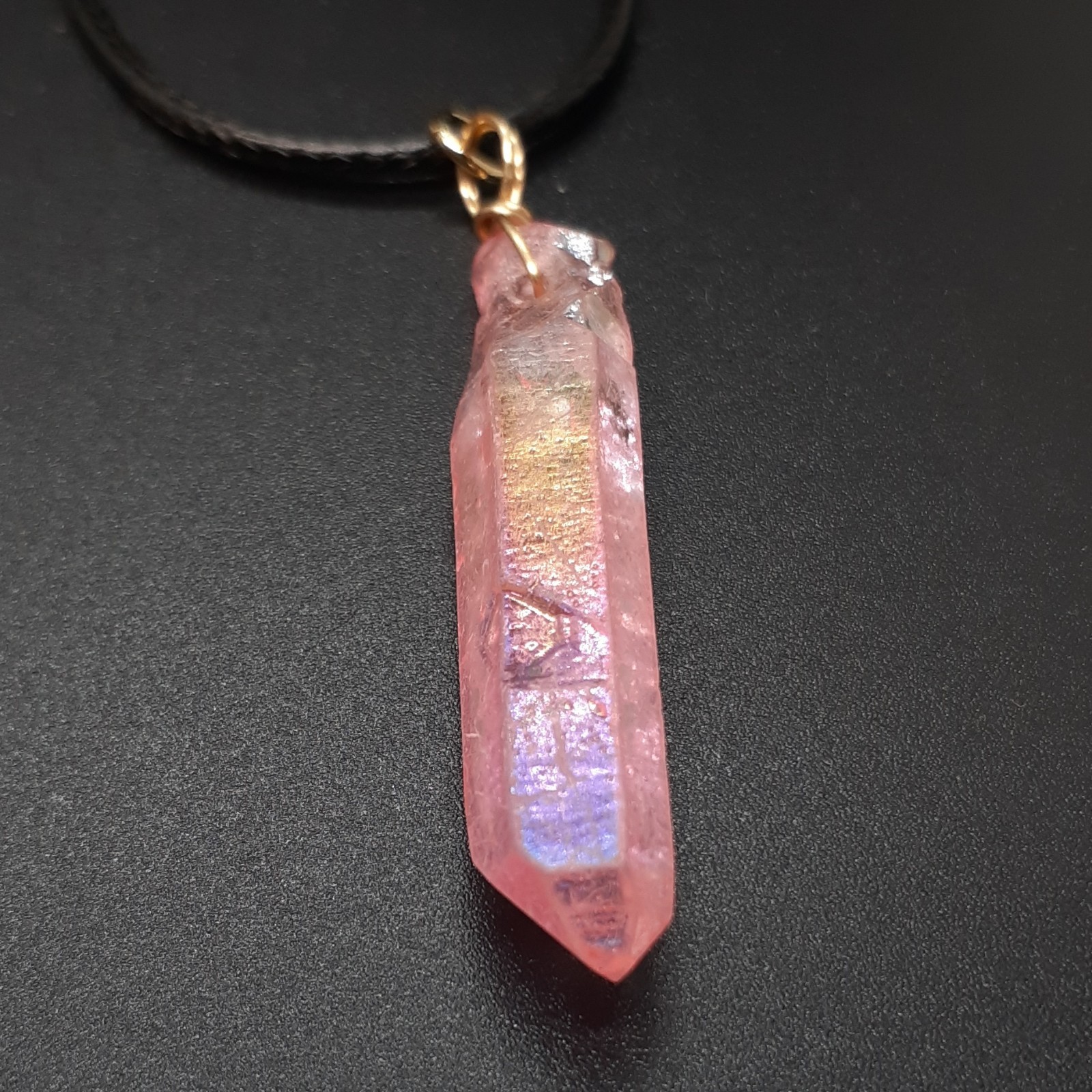 Pink Crystal Point Pendant Necklace Black Cord Adjustable Iridescence