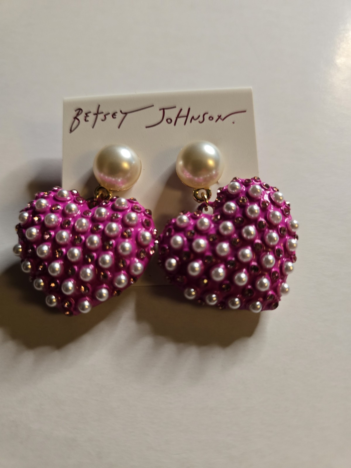 BETSEY JOHNSON Pink Heart Shape Drop Earrings With Pearl Accents