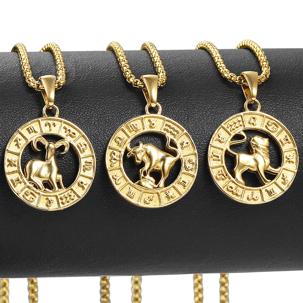 Yellow Gold Plated Stainless Steel 12 Zodiac Sign Pendant Necklace 18-22″ Chain