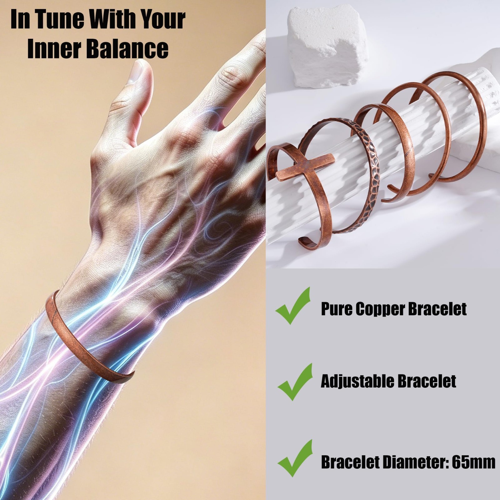 Adjustable Pure Copper Cuff Bracelet for Men & Women – Waterproof Healing Bangle