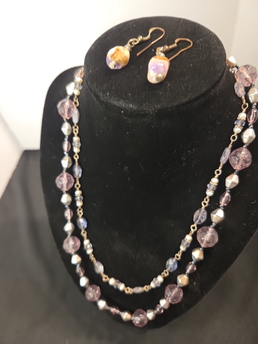 Purple & Silvertone Set Of 2 Necklaces 1, 16″ Other 20″ & Purple Stone Earrings