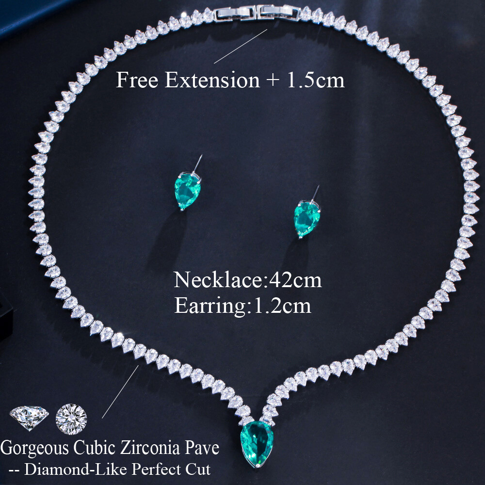 Charming Silver Plated CZ Green Necklace Earrings Jewelry Set for Brides Wedding