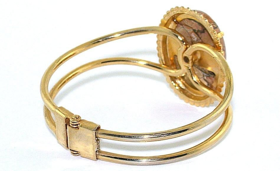 30×22 Yellow Turquoise Cabochon Spring Load 7 1/2 Inch Goldplated Cuff Bracelet