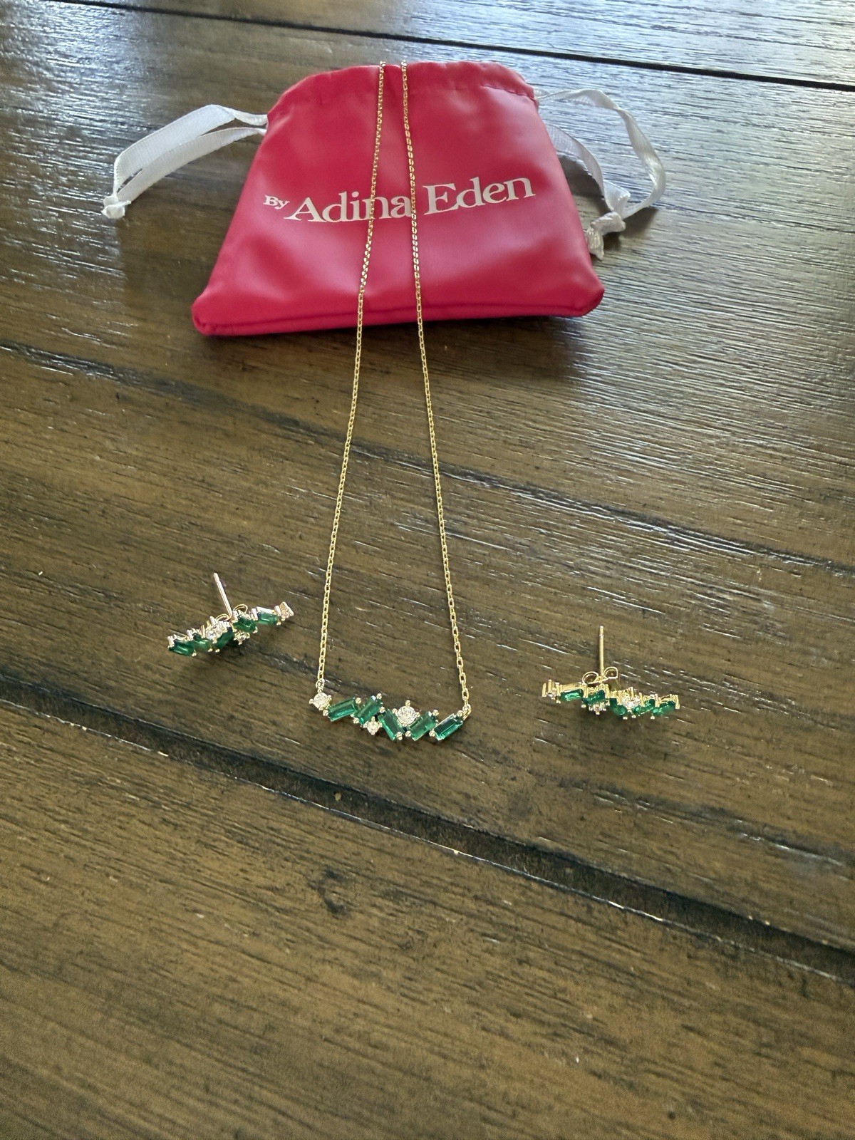 Adina Eden Emerald Green CZ Baguette Necklace & Earrings Set Gold Tone