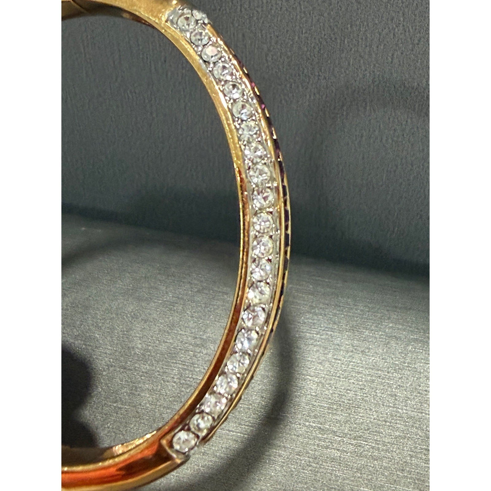 Vintage Purple Clear Crystal Hinged Bangle Bracelet Rhinestone Pave Gold Tone