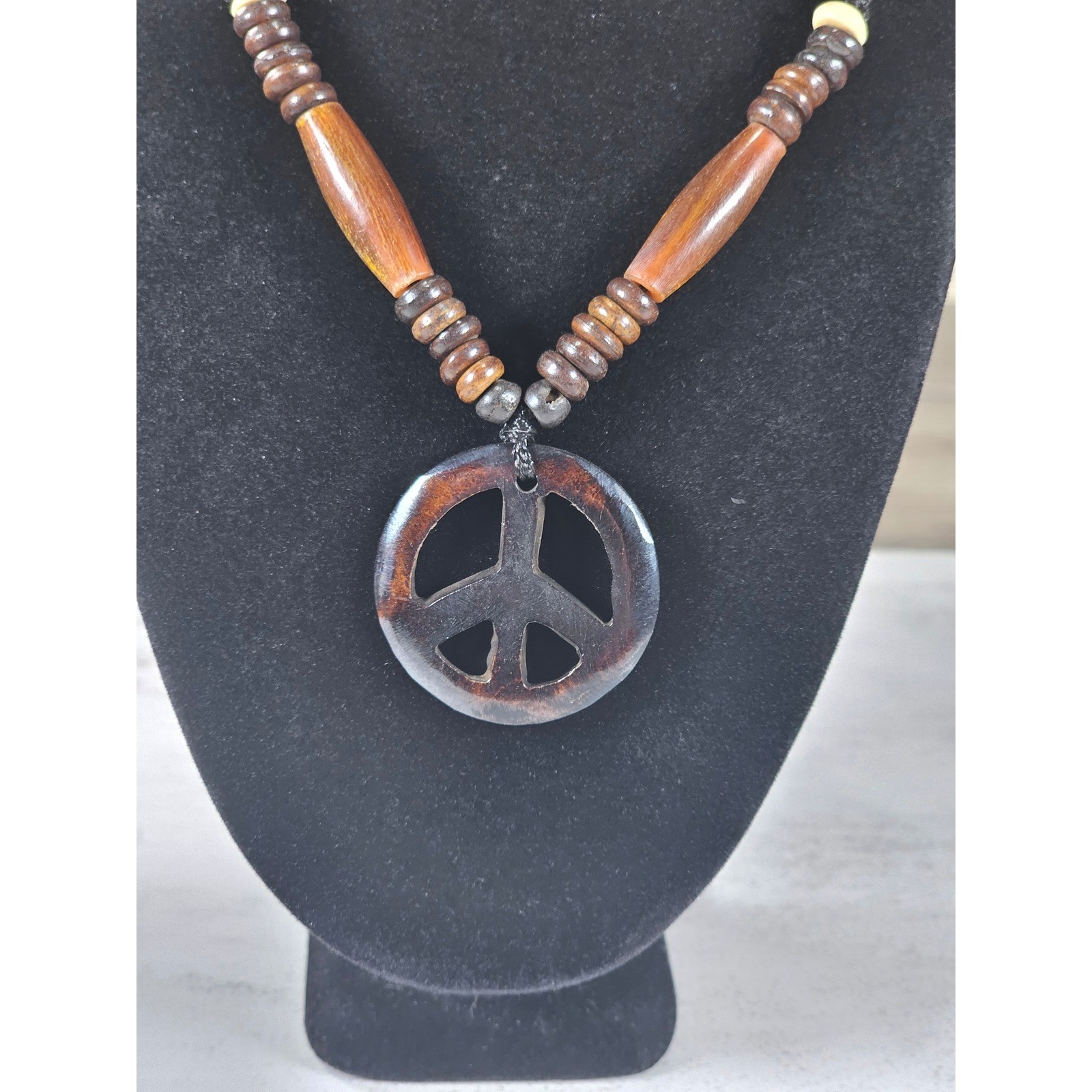 Vintage Wood Peace Sign Necklace Boho Beaded Cord Pendant
