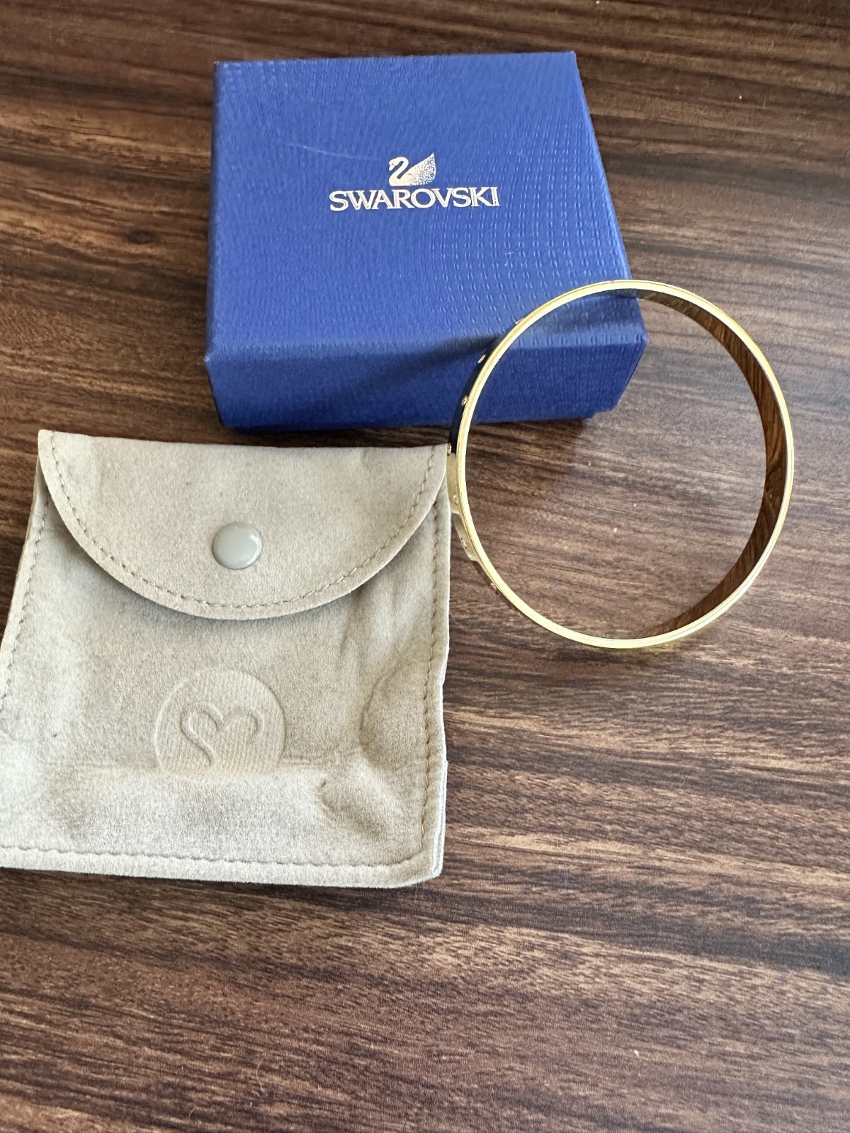 Authentic Swan Mark SWAROVSKI CRYSTAL gold tone BANGLE BRACELET Medium