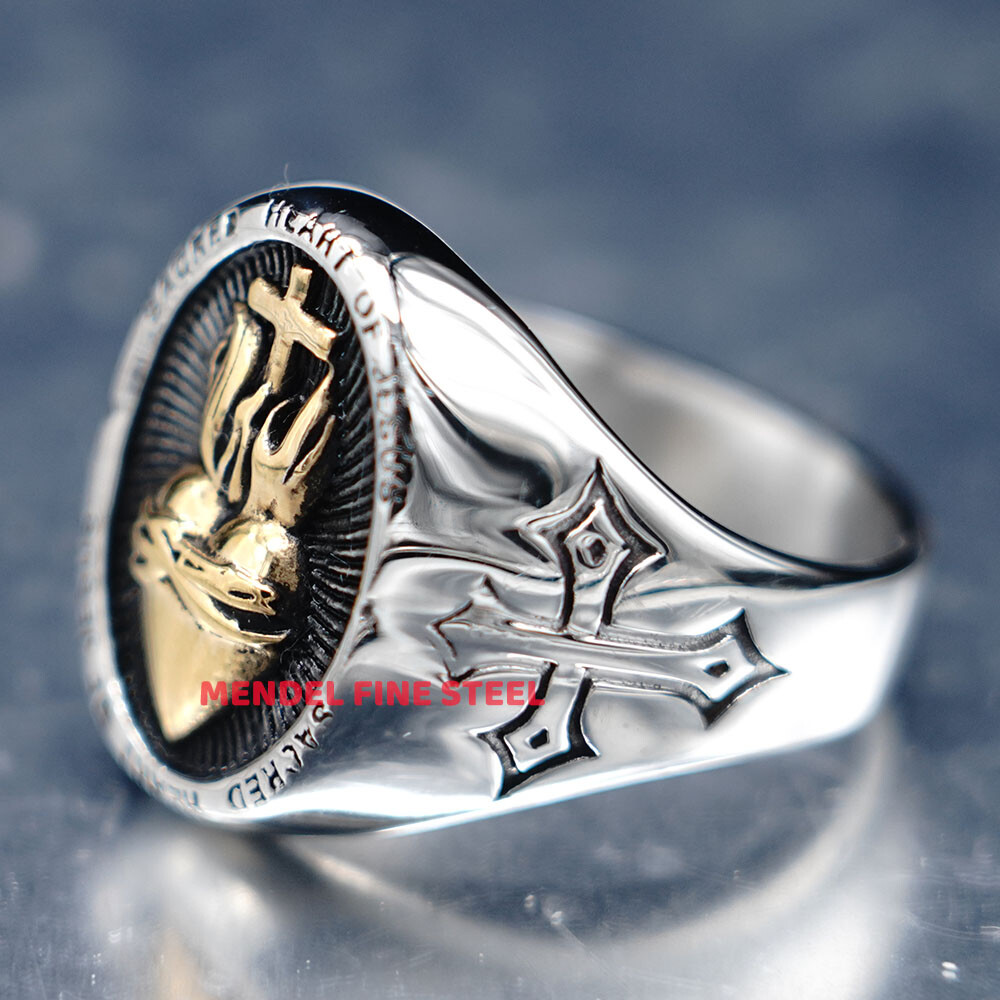 MENDEL Gold Plated Mens Catholic Sacred Heart Of Jesus Cross Ring Size 7 8 9-15