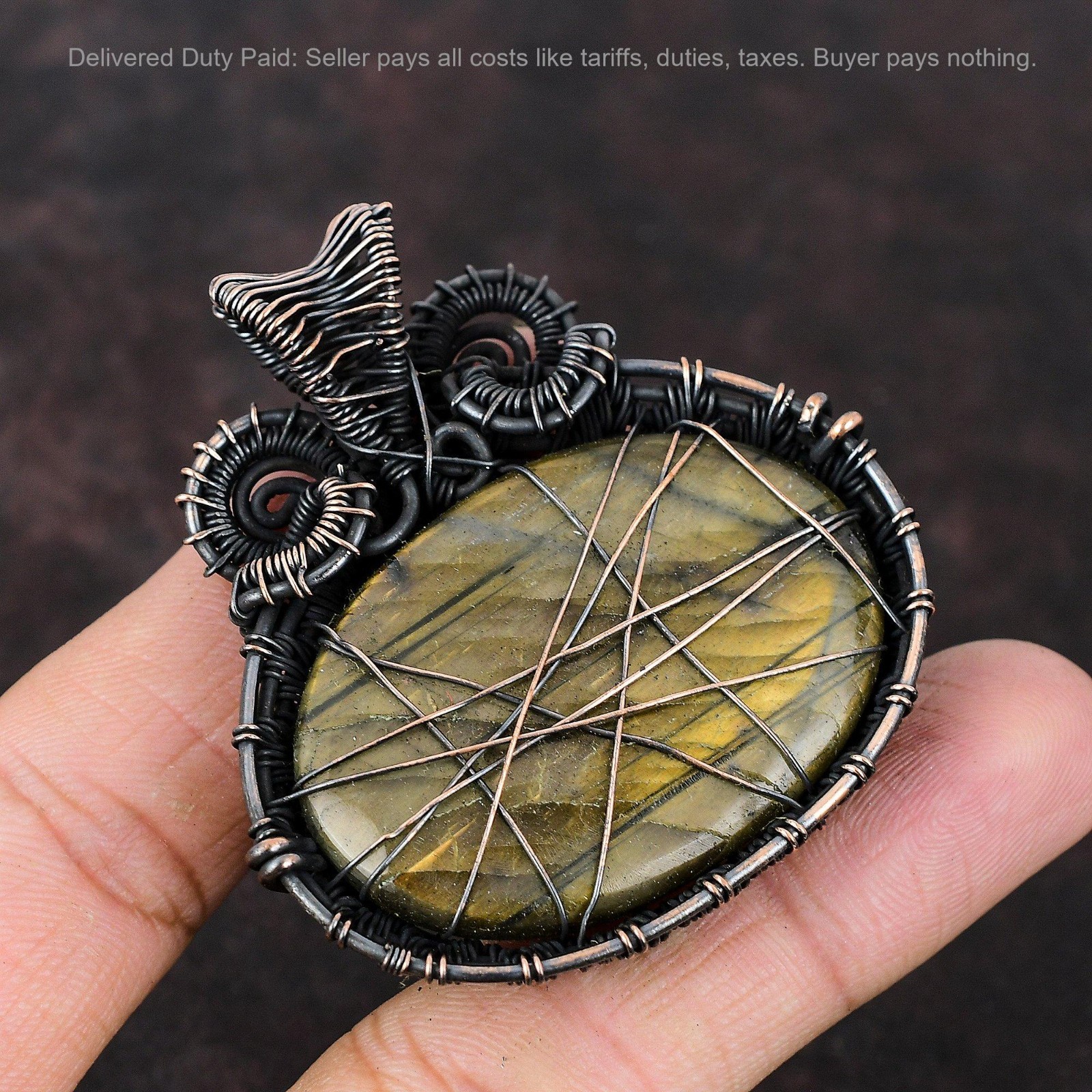 Copper Natural Labradorite Unique Wire Wrapped Handcrafted Wife Pendant Jewelry