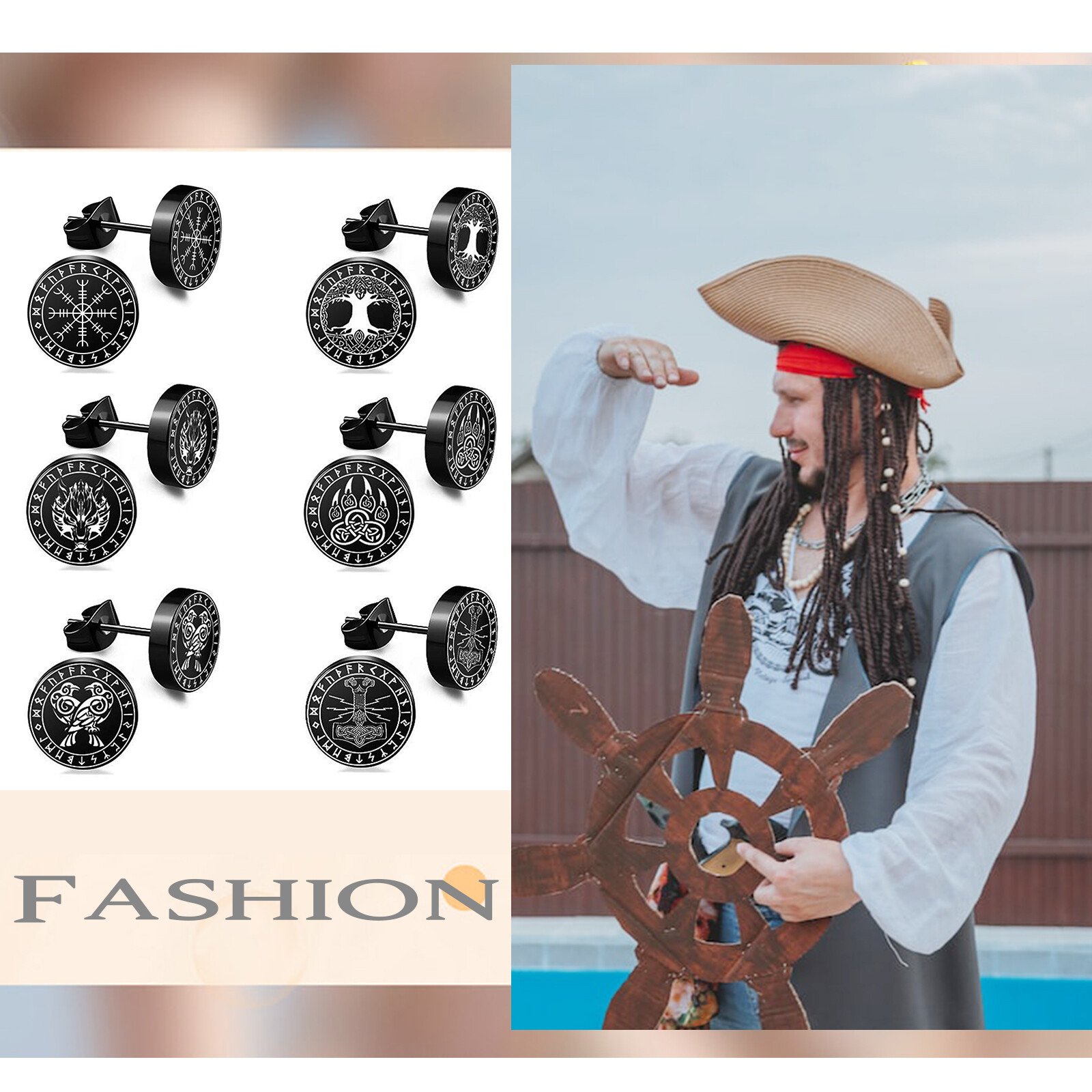 12pcs Mens Nordic Viking Rune Round Black Earrings Set Stainless Steel Ear Studs