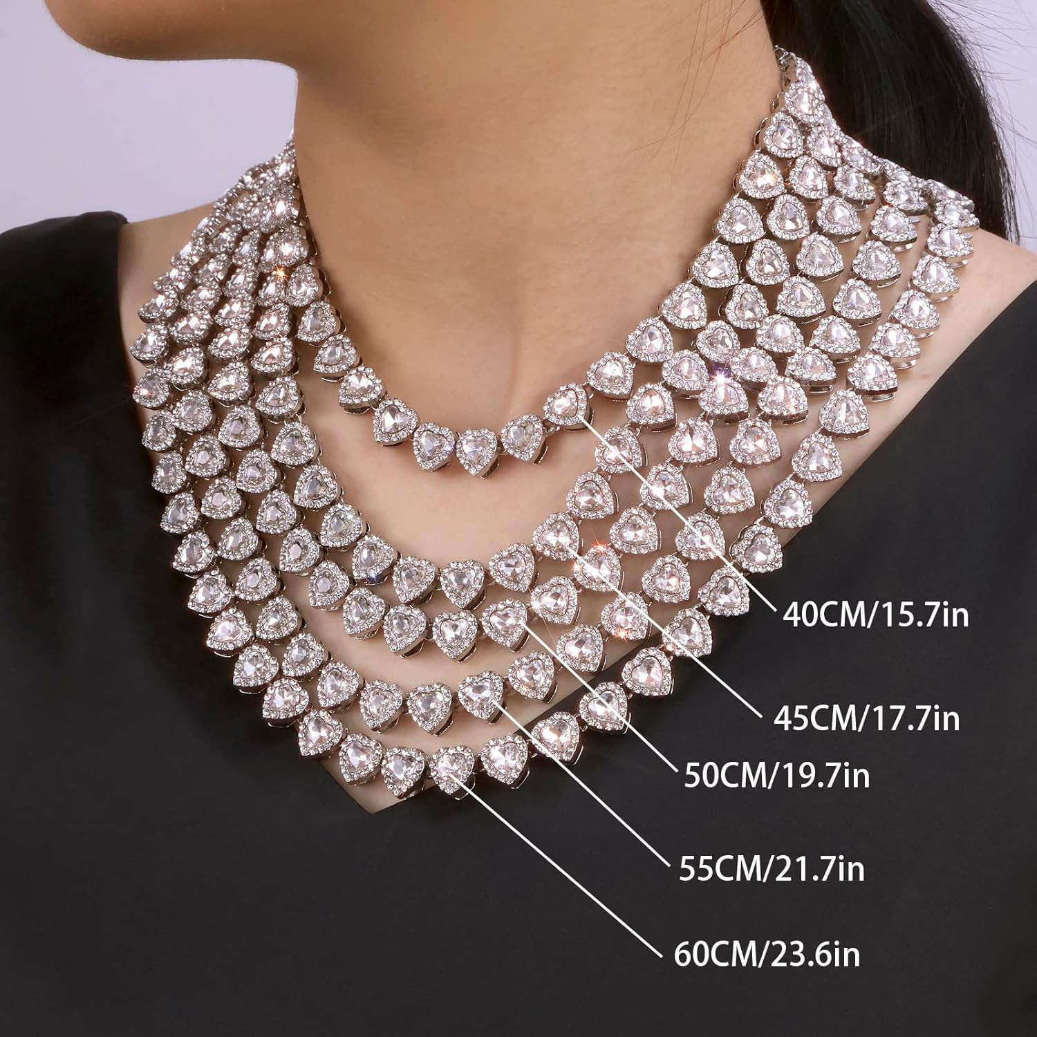 Rhinestone Hearts Necklace, Iced Out Hearts Jewelry，Silver Tennis Necklace for W