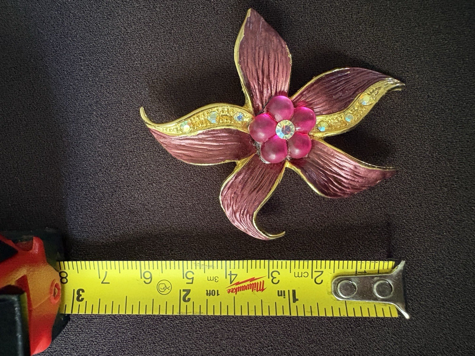 Pink Enamel Flower Brooch Pin/Pendant Gold Tone Metal, Clear Rhinestones, 2.5 in