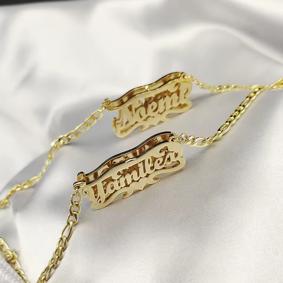 Custom Double Sided Name Necklace Jewelry Figaro Chain Stainless Steel Heart