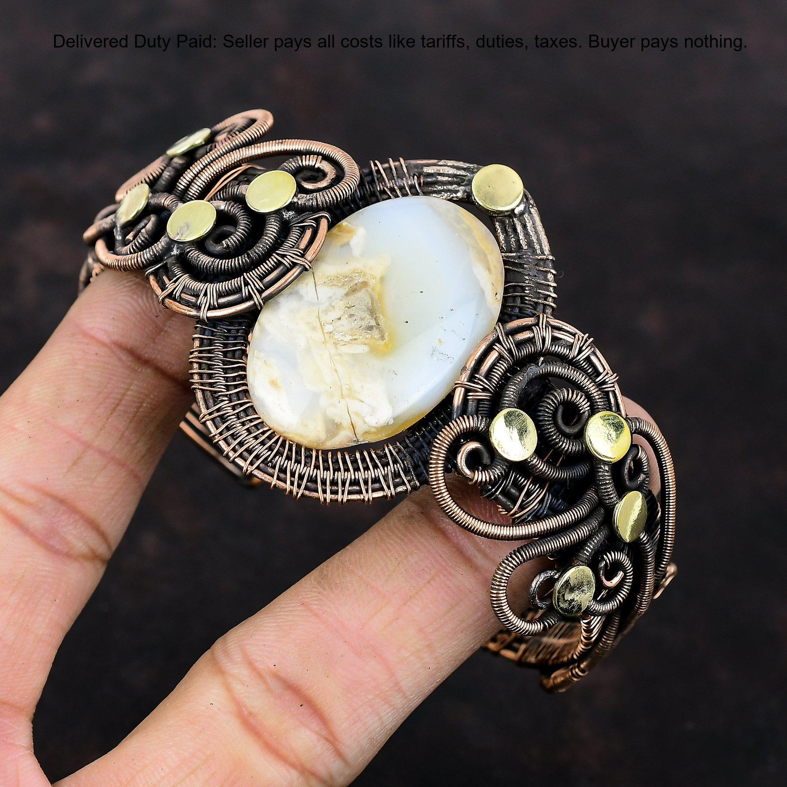 Oval Plume Agate Stone Copper Unique Wedding Wire Wrapped Ethnic Daughter Bangle