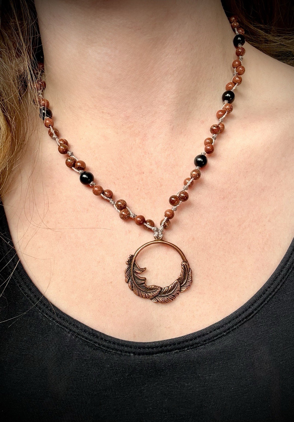 Copper Feather Pendant Necklace, Red Goldstone Crystal Ebony Wood. USA Artisan