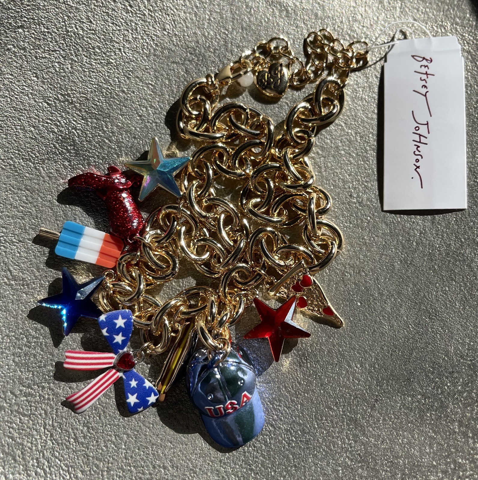 Betsey Johnson Americana USA Red White Blue Charm Shiny Gold Tone Necklace NWT