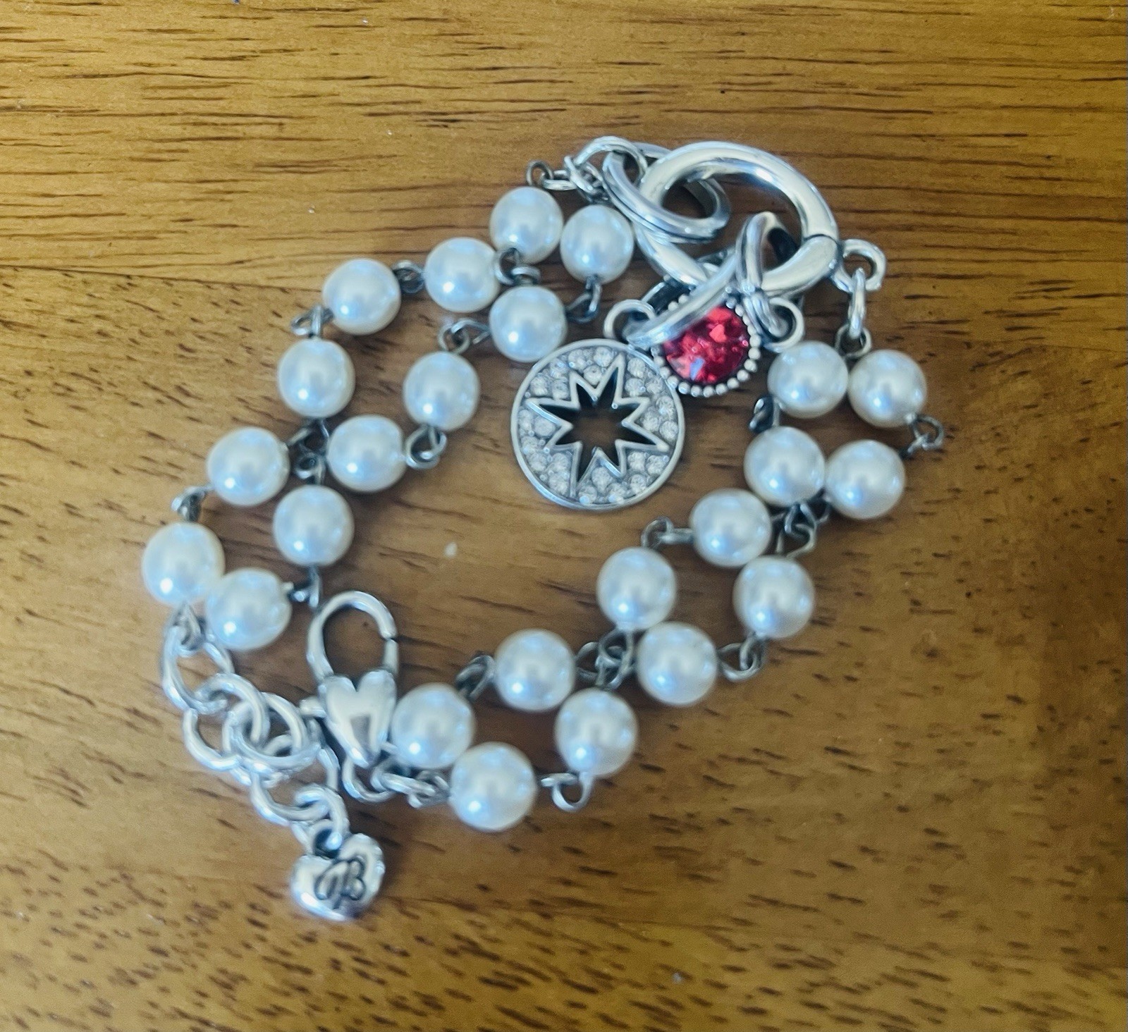 Brighton Double Pearl Strand Bead Rhinestone Charm Bracelet 8 Inch