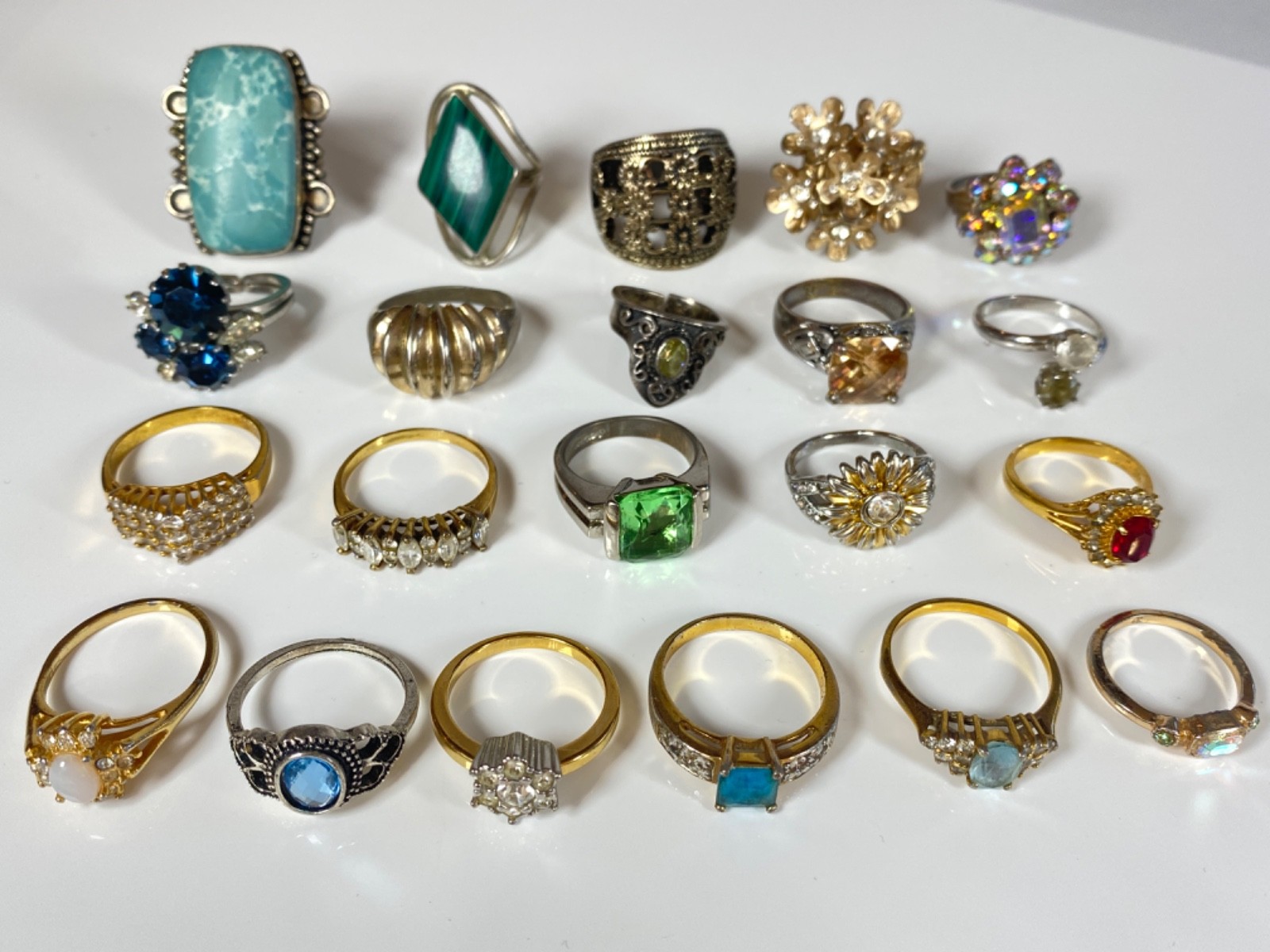 HUGE LOT OF 21 Rings Various Styles Sizes Mexico, 18K GE, PL, etc. NO STERLING